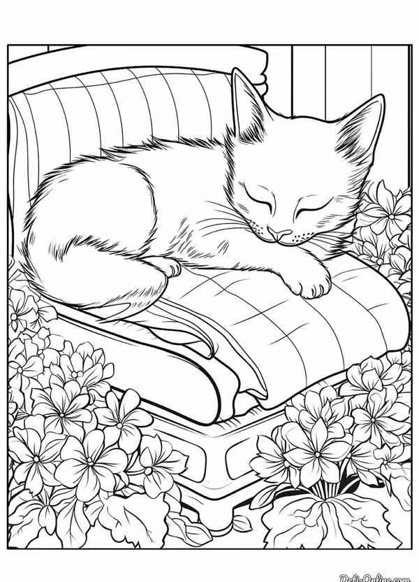 Кошка спит раскраска