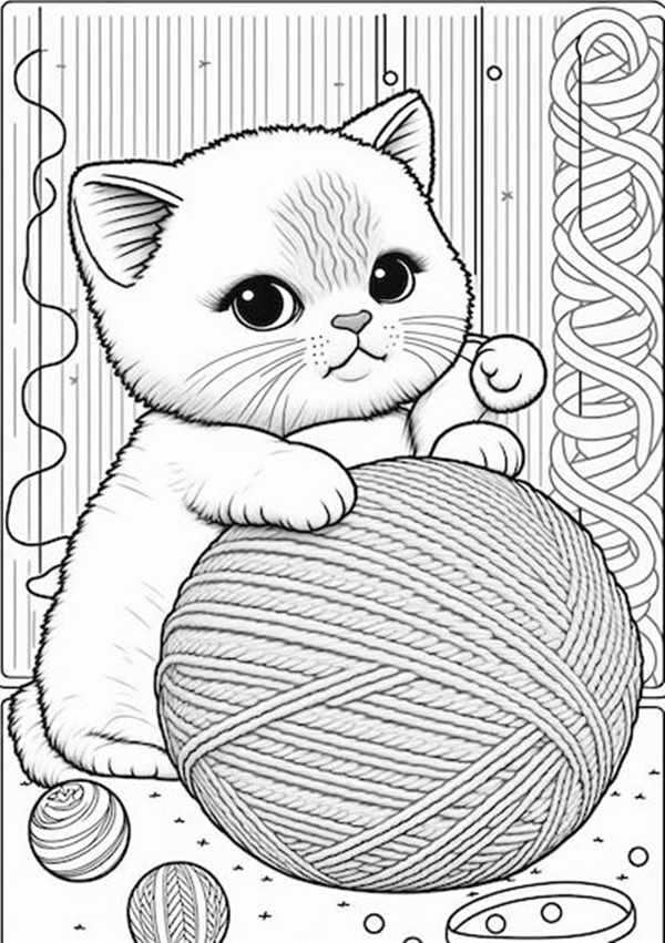 Раскраска кот с клубком