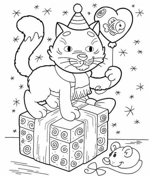 Раскраска кот новый год