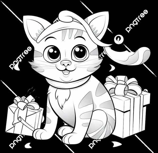 Котенок в Новогодней Шапке Завораживающая Раскраска