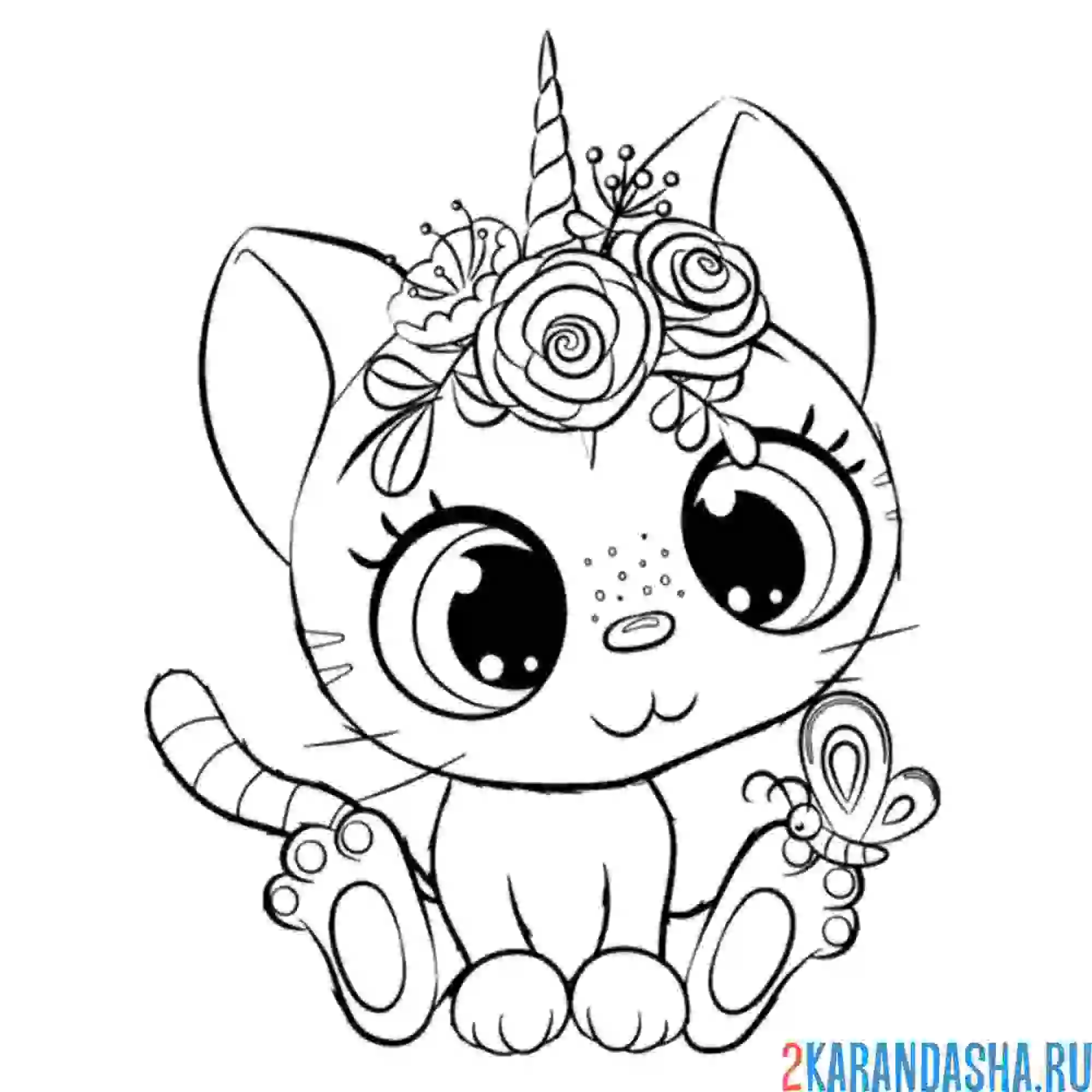 Раскраска кошечка Единорог