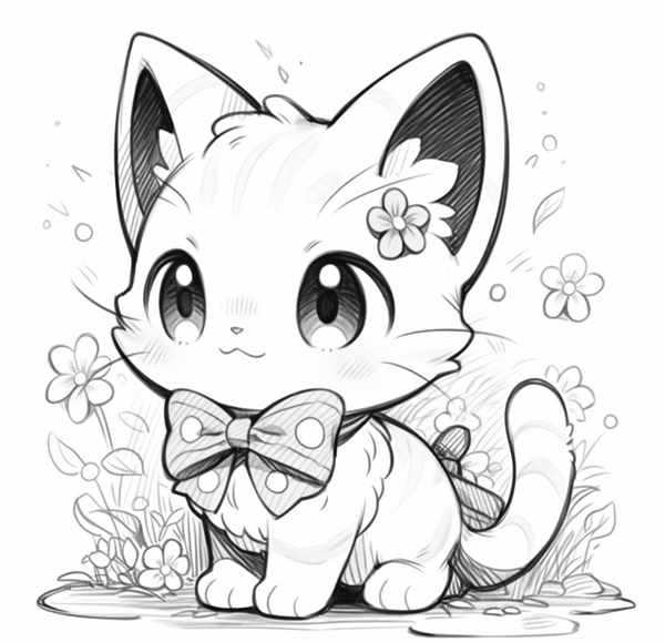 Раскраска Аниме Котята и Сердечки
