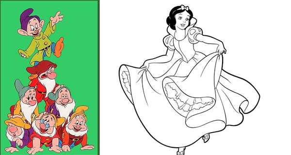 Раскраска принцессы Disney Белоснежка и семь гномов