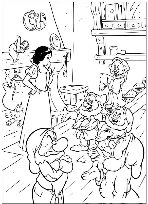 Раскраска принцессы Disney Белоснежка и семь гномов