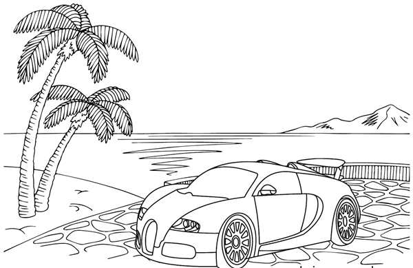 Раскраска Бугatti Veyron и пальм
