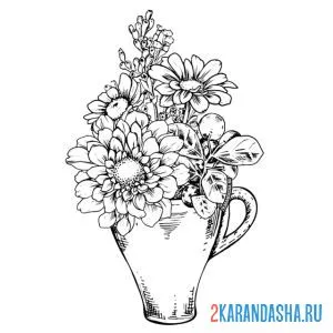 Раскраска Букет Цветов и Божьи Коровки