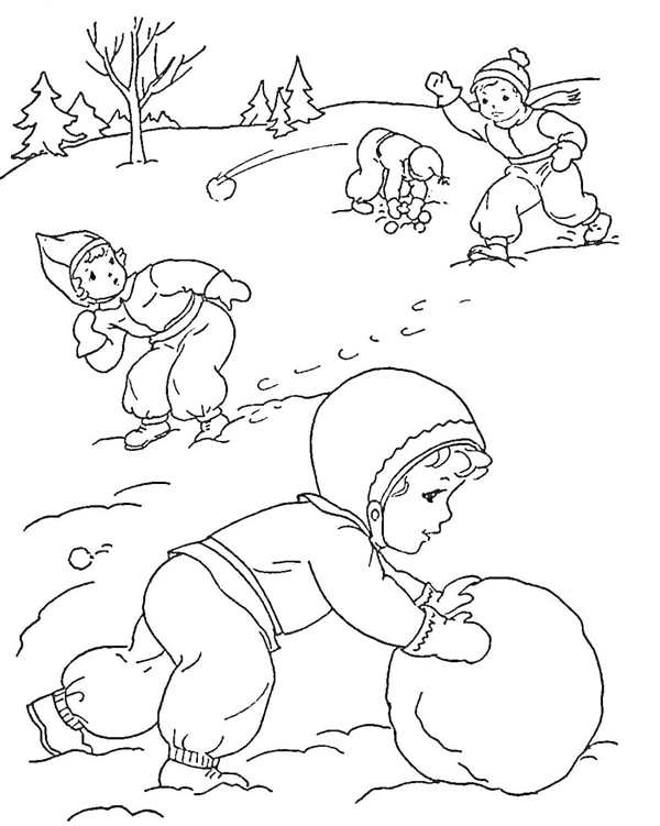 Раскраска Игра в Снежки на Новый Год