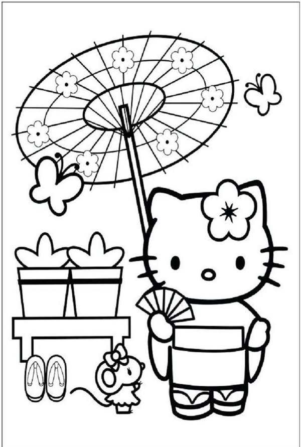 Раскраска Kitty у подножия пальмы