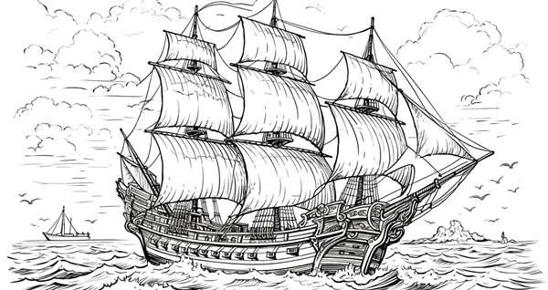 Раскраска море и корабль