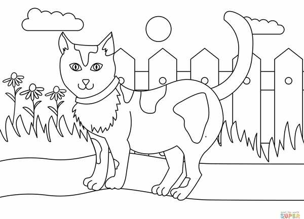 Раскраска Кошка на Лужайке Веселое Образование для Детей