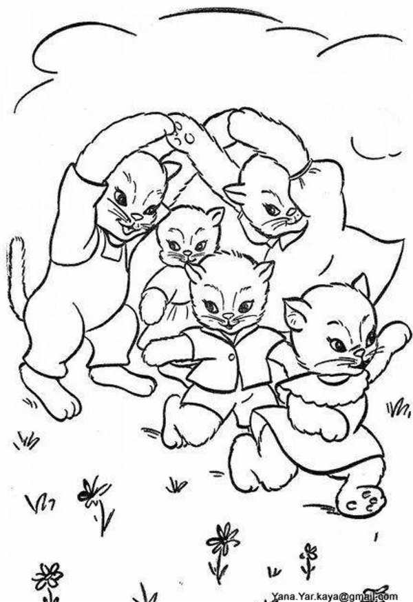 Раскраска Кошка на Лужайке Веселое Образование для Детей