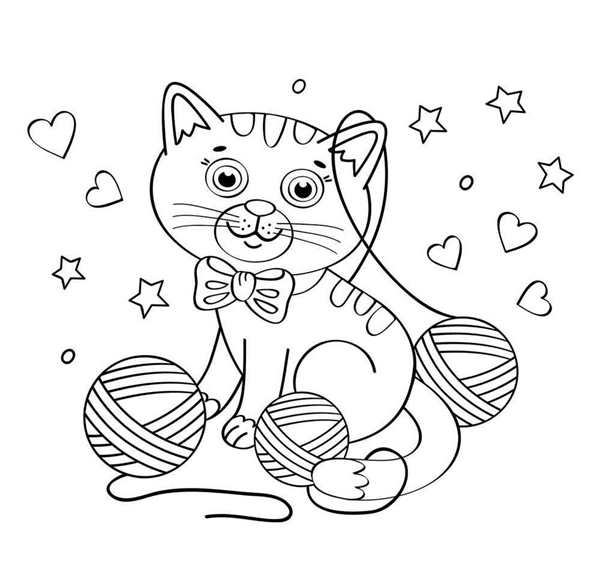 Раскраска котенок с клубком ниток