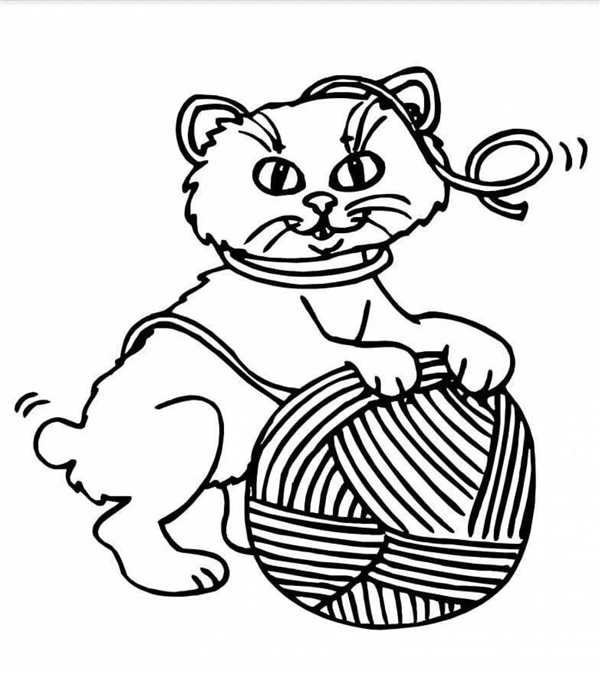 Раскраска котик с клубком