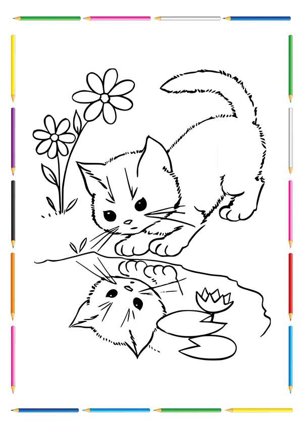 Раскраска котик с цветами