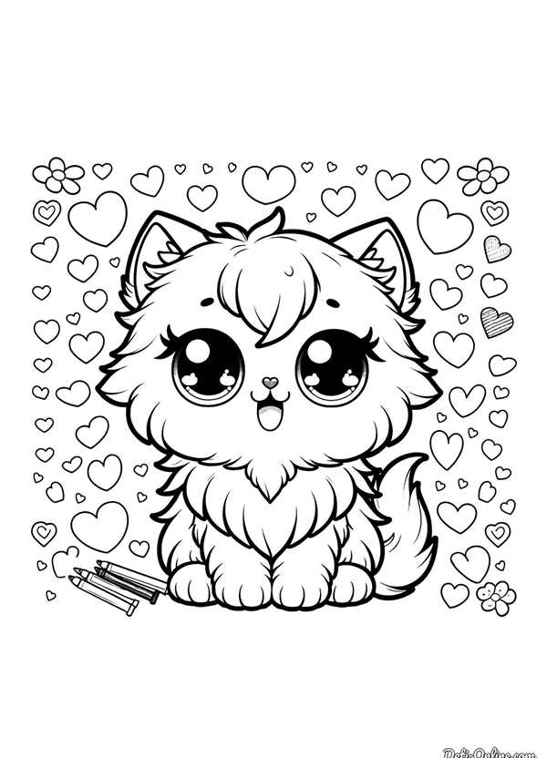 Котенок с сердечком раскраска