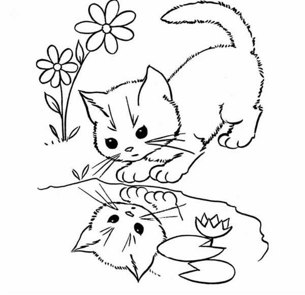 Раскраска Котёнок смеётся в ромашках
