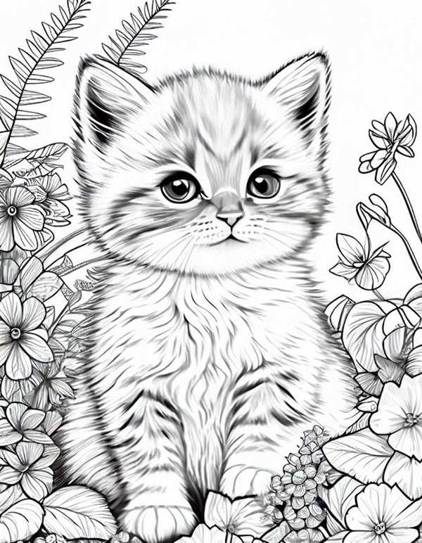 Раскраска Котёнок среди Волшебных Цветов
