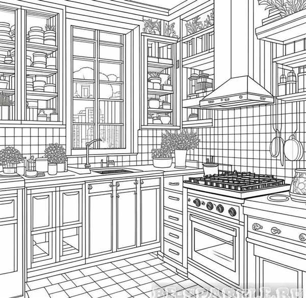 Раскраска кухня с мебелью для детей