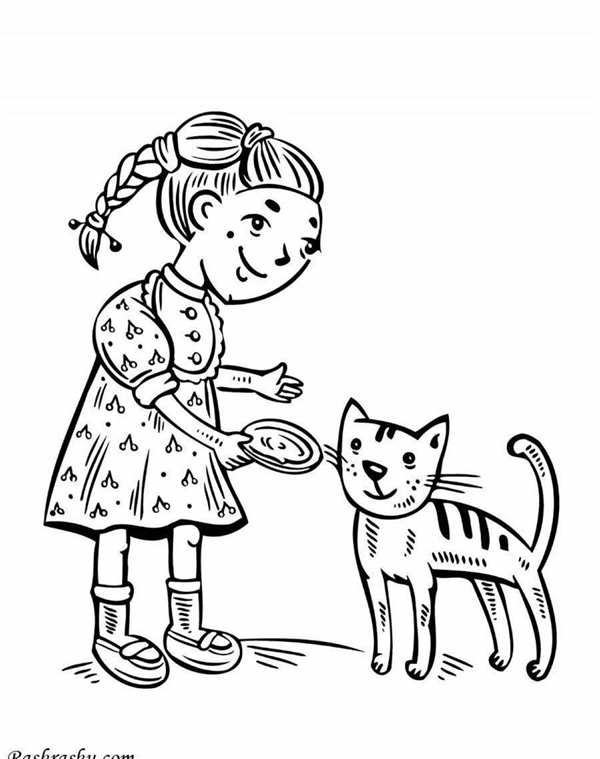 Раскраска Мальчик Питает Котенка Молоком Легкая Анимация Для Детей