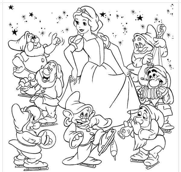 Раскраска принцессы Disney Белоснежка и семь гномов