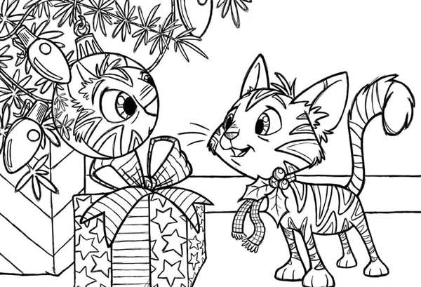 Раскраска Рождество Девочка и Кот в МERRY CHRISTMAS