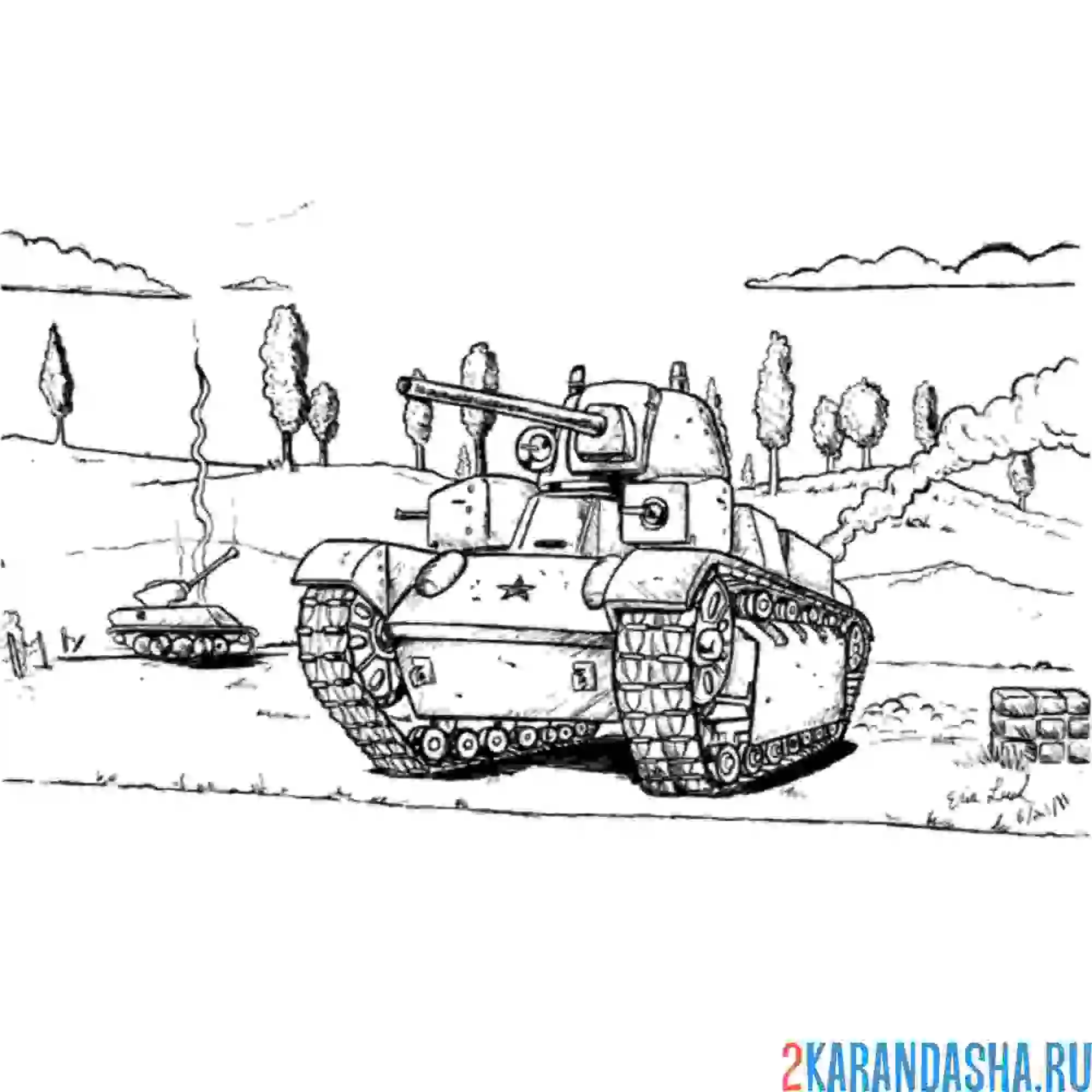 Раскраска Танк КВ2 Войти в историю