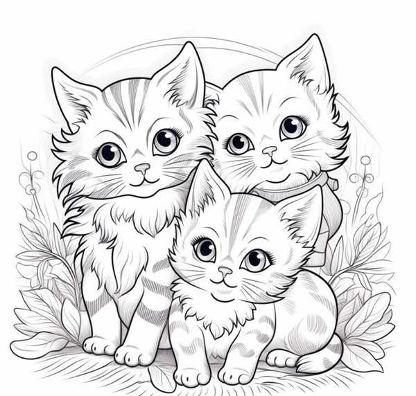 Раскраска Три милых котёнка на пикнике