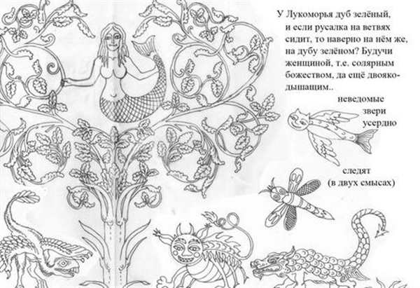 Раскраска к сказке у Лукоморья дуб зеленый