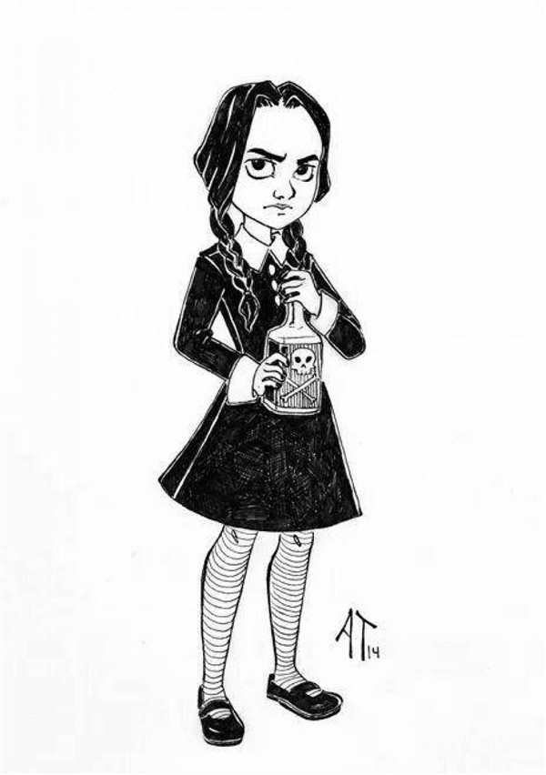 Раскраска Уэnesday Addams и мистического Веща